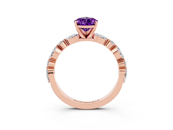 Rose gold Pear Cut Amethyst Ring with Marquise and Round  Side Stones and Four-Prong Setting
