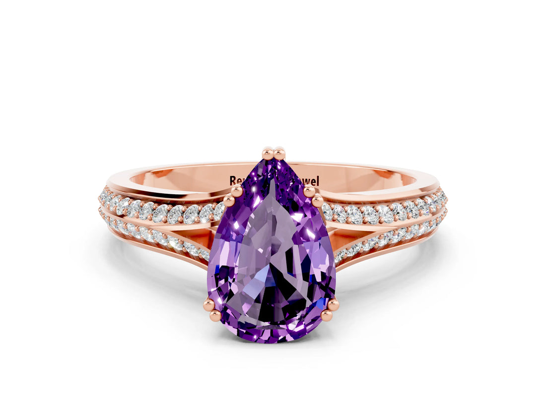Rose gold Pear Cut Amethyst Split Shank Engagement Ring with Pavé Band