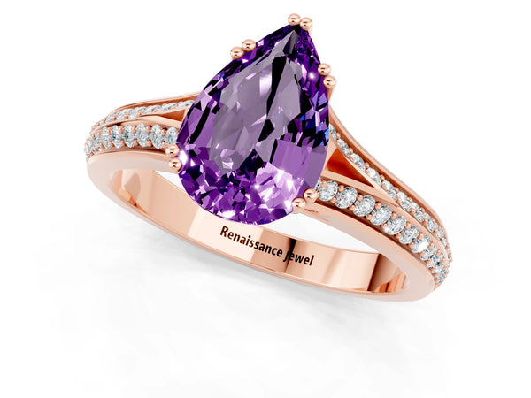 Rose gold Pear Cut Amethyst Split Shank Engagement Ring with Pavé Band