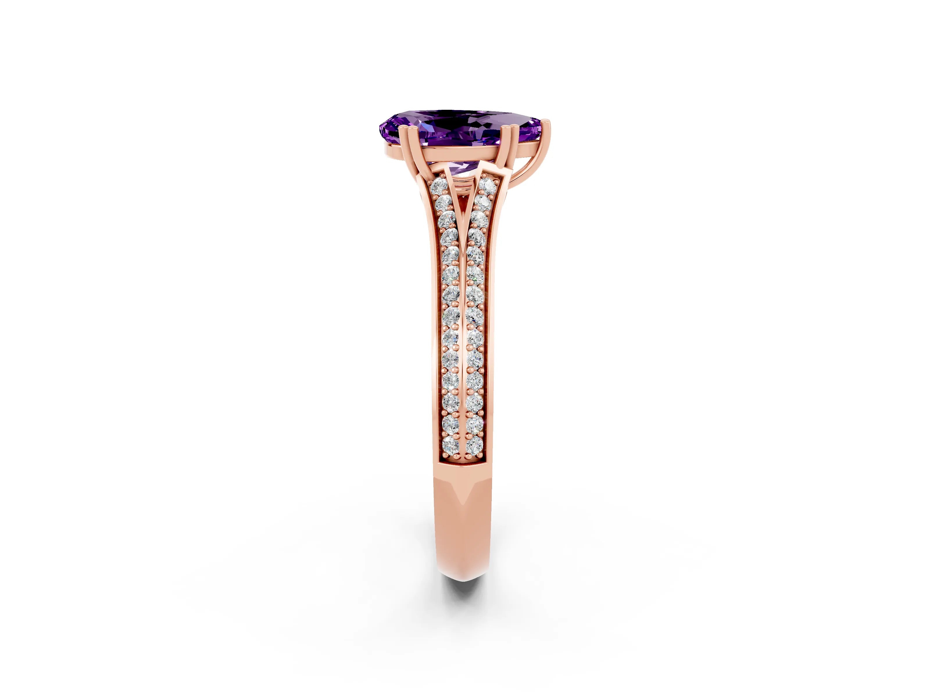 Rose gold Pear Cut Amethyst Split Shank Engagement Ring with Pavé Band_2