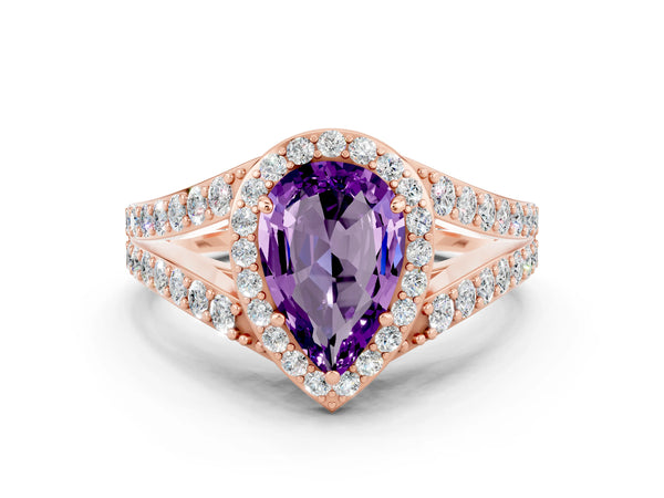 Rose gold Pear Cut Amethyst Split Shank Halo Ring with Four-Prong Setting