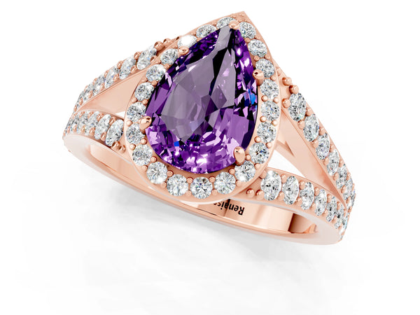Rose gold Pear Cut Amethyst Split Shank Halo Ring with Four-Prong Setting