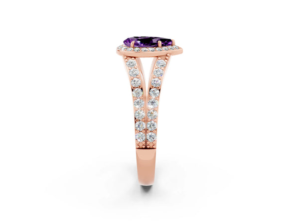 Rose gold Pear Cut Amethyst Split Shank Halo Ring with Four-Prong Setting