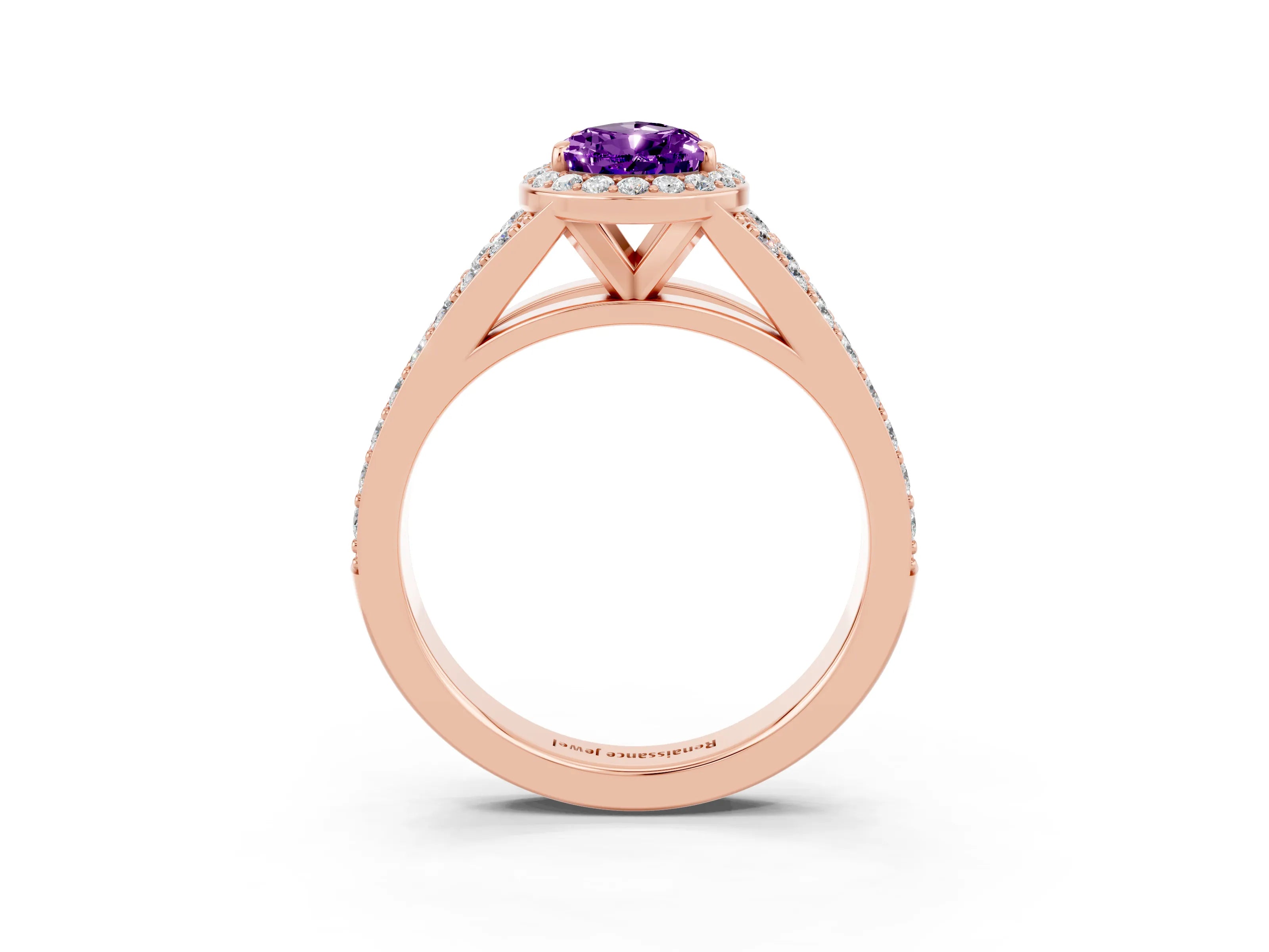 Rose gold Pear Cut Amethyst Split Shank Halo Ring with Four-Prong Setting_15