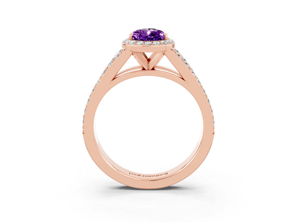 Rose gold Pear Cut Amethyst Split Shank Halo Ring with Four-Prong Setting