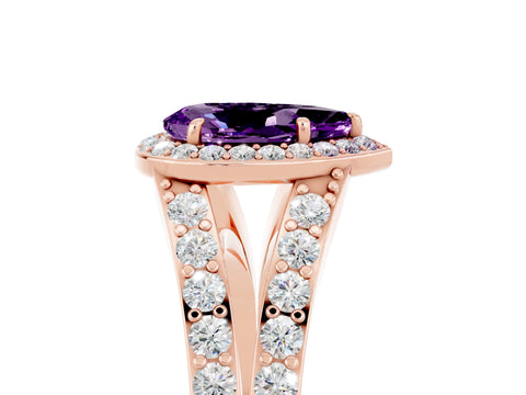 Rose gold Pear Cut Amethyst Split Shank Halo Ring with Four-Prong Setting_17