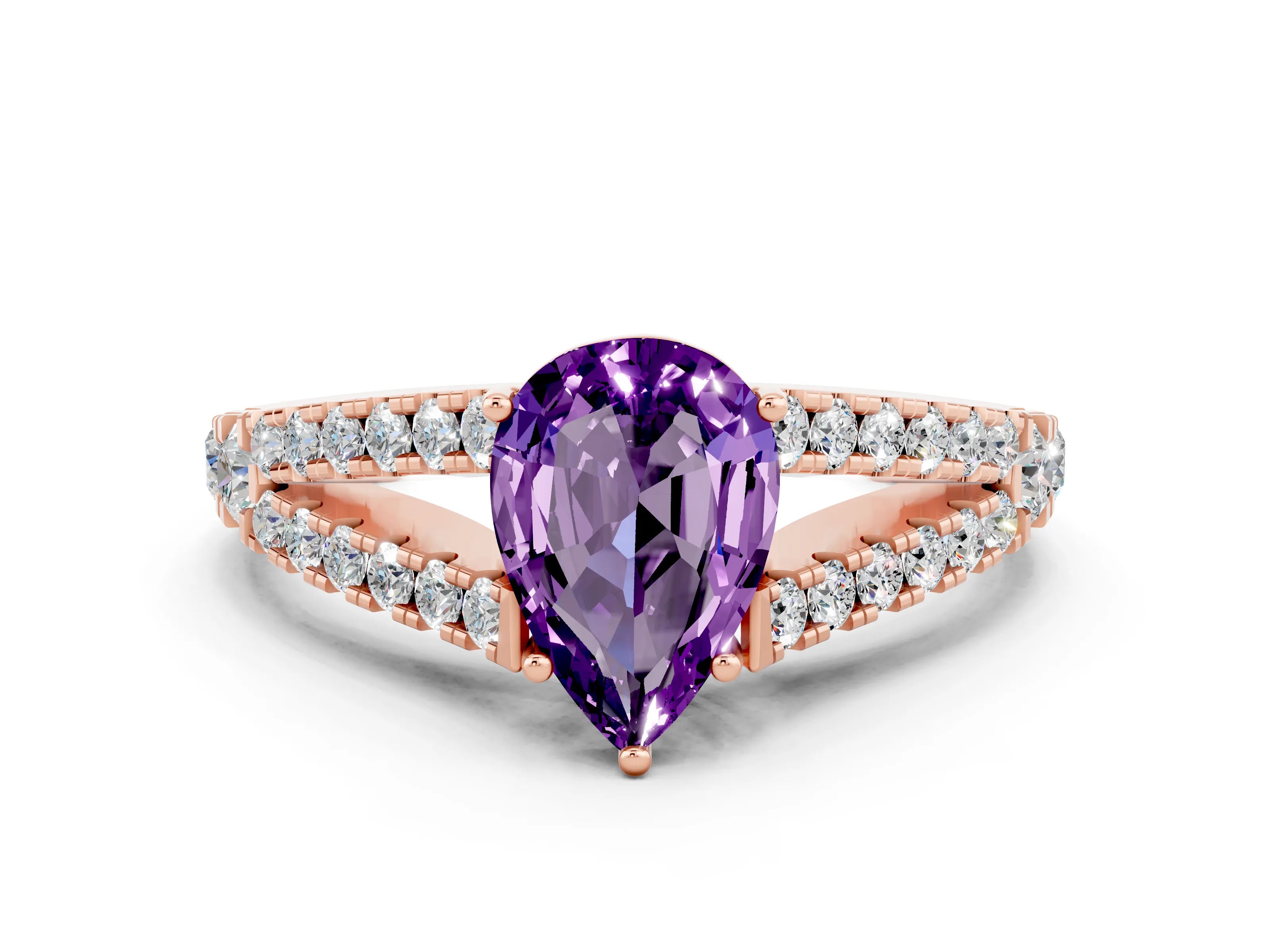 Rose gold Pear Cut Amethyst Split Shank Pavé Engagement Ring with Four-Prong Setting_12