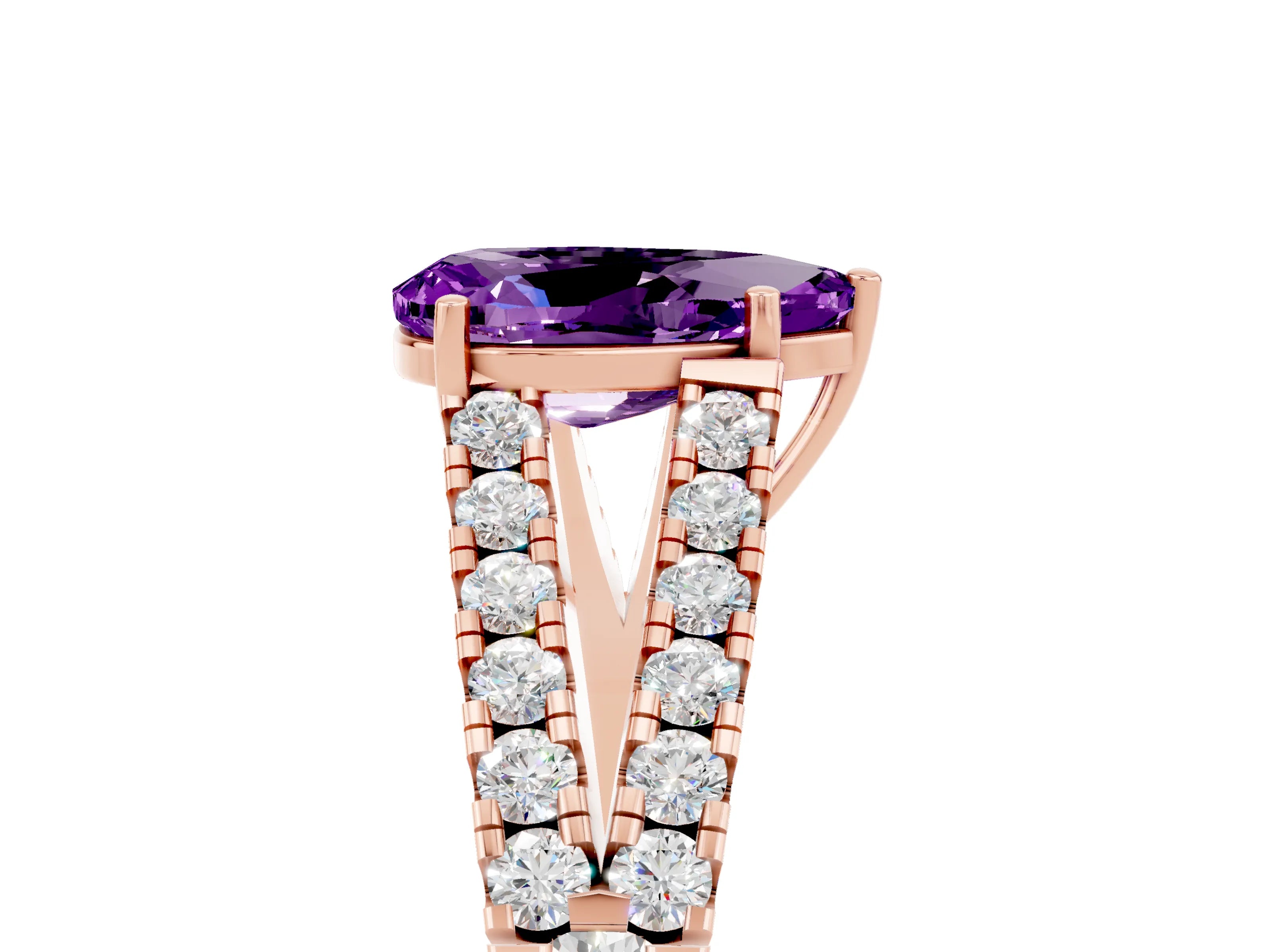 Rose gold Pear Cut Amethyst Split Shank Pavé Engagement Ring with Four-Prong Setting_17