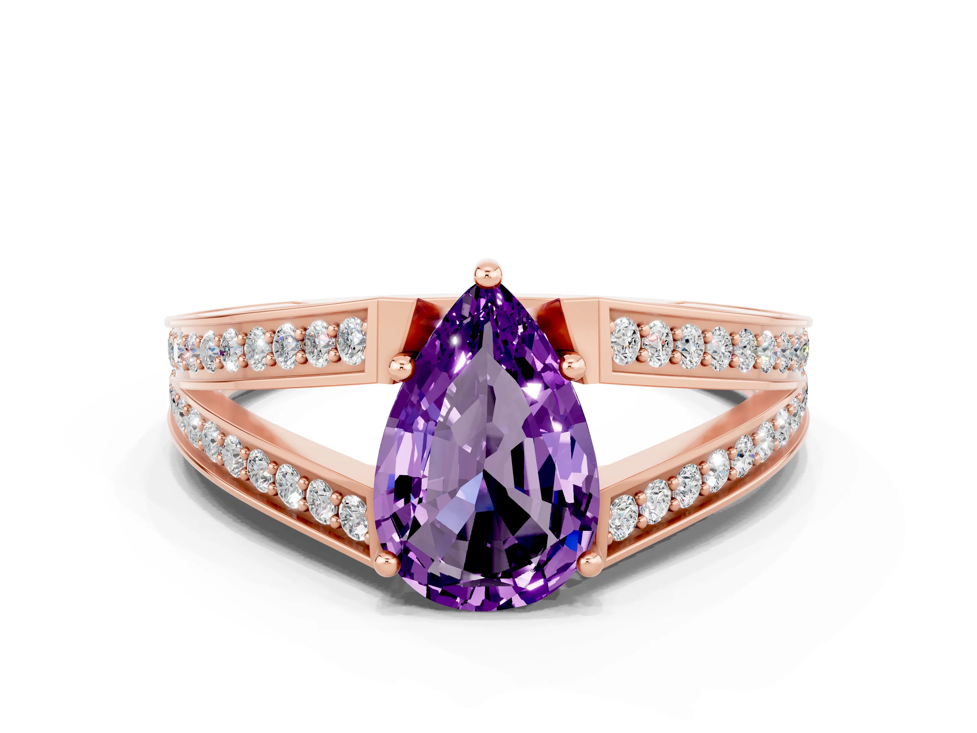 Rose gold Pear Cut Amethyst Split Shank Ring with Pavé Band and Four-Prong Setting