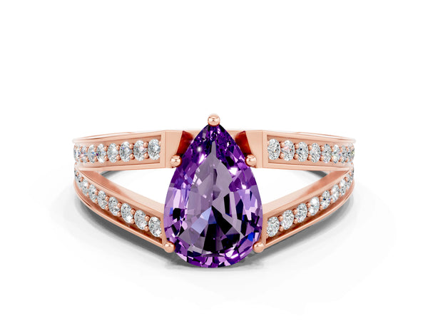 Rose gold Pear Cut Amethyst Split Shank Ring with Pavé Band and Four-Prong Setting
