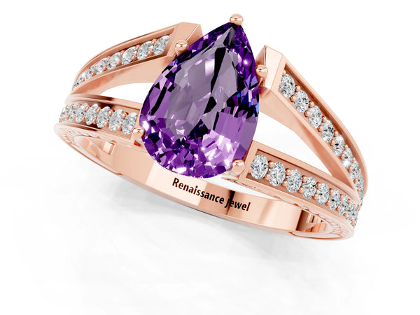 Rose gold Pear Cut Amethyst Split Shank Ring with Pavé Band and Four-Prong Setting