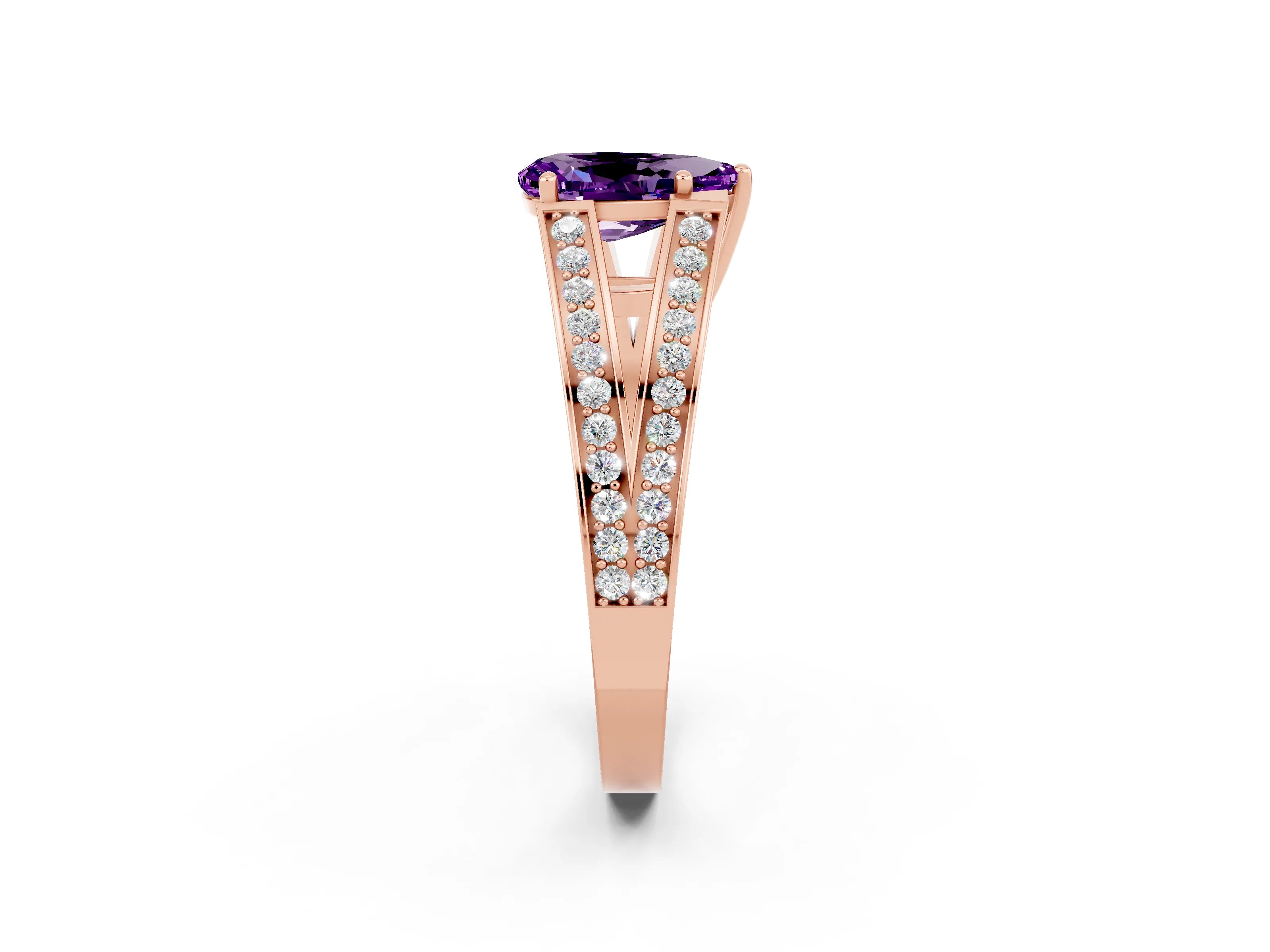 Rose gold Pear Cut Amethyst Split Shank Ring with Pavé Band and Four-Prong Setting_2