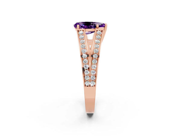 Rose gold Pear Cut Amethyst Split Shank Ring with Pavé Band and Four-Prong Setting