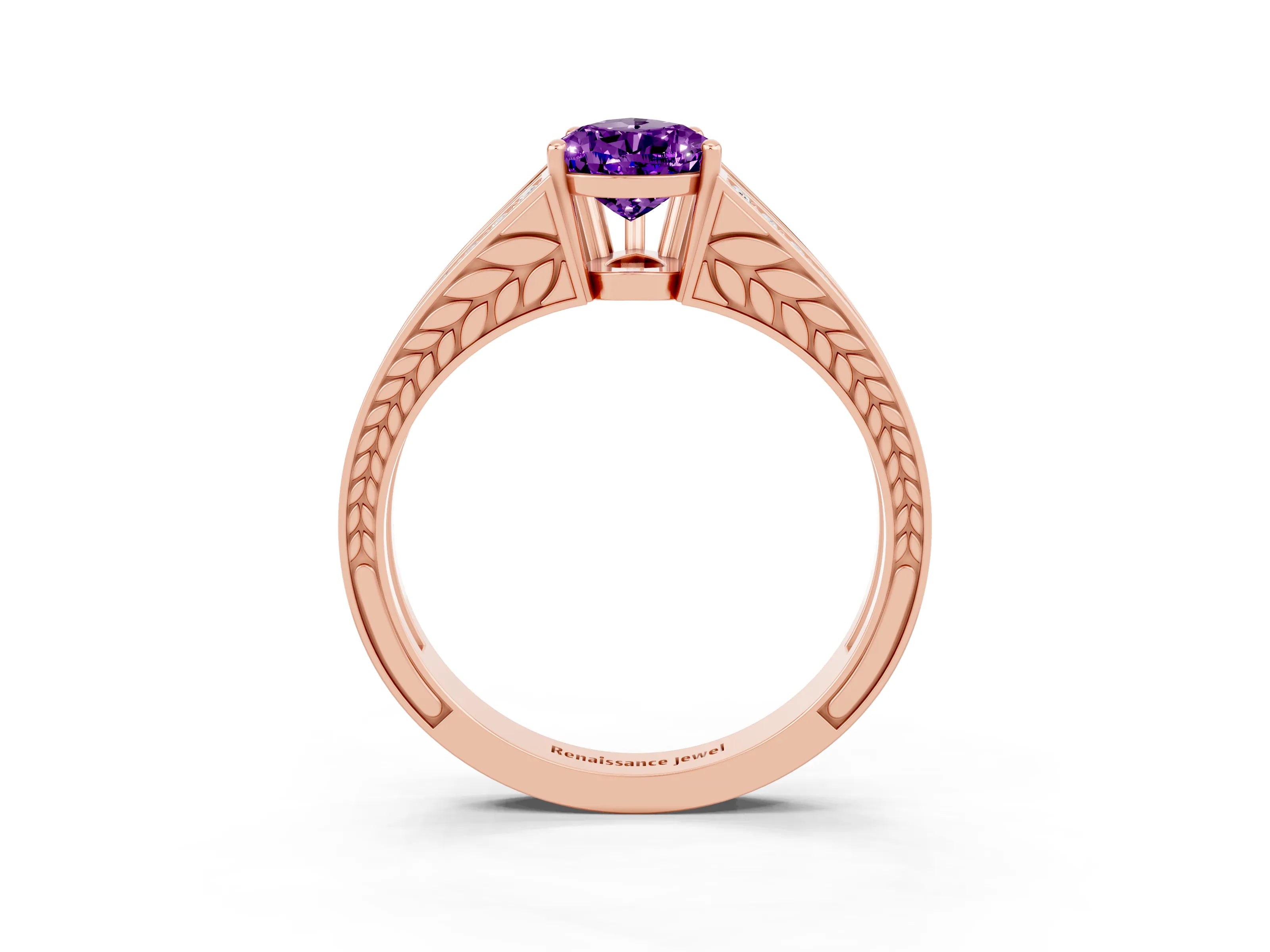 Rose gold Pear Cut Amethyst Split Shank Ring with Pavé Band and Four-Prong Setting_3