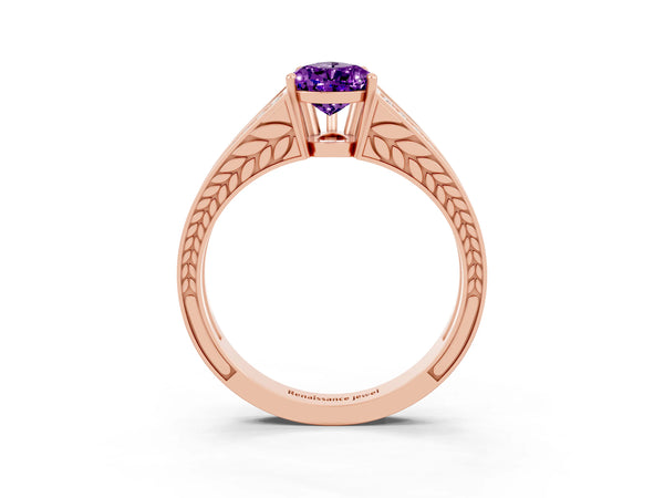 Rose gold Pear Cut Amethyst Split Shank Ring with Pavé Band and Four-Prong Setting