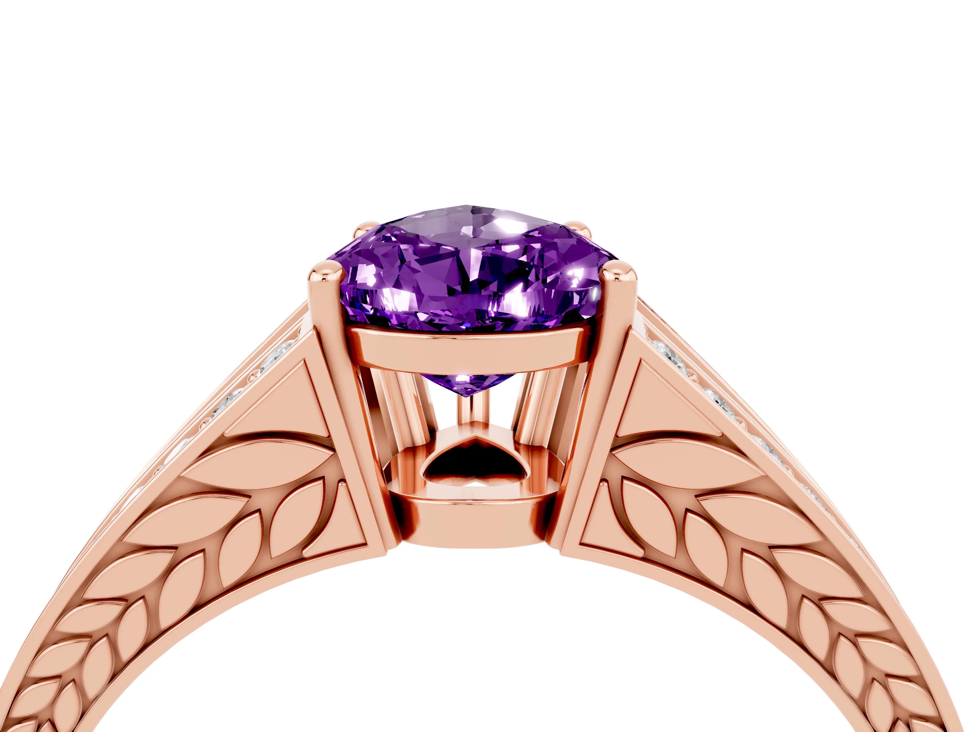 Rose gold Pear Cut Amethyst Split Shank Ring with Pavé Band and Four-Prong Setting_4