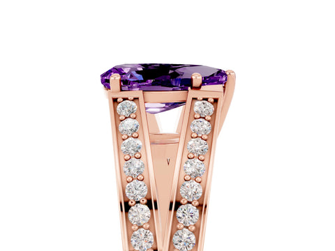 Rose gold Pear Cut Amethyst Split Shank Ring with Pavé Band and Four-Prong Setting_5