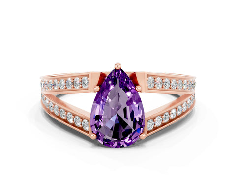 Rose gold Pear Cut Amethyst Split Shank Ring with Pavé Band and Four-Prong Setting