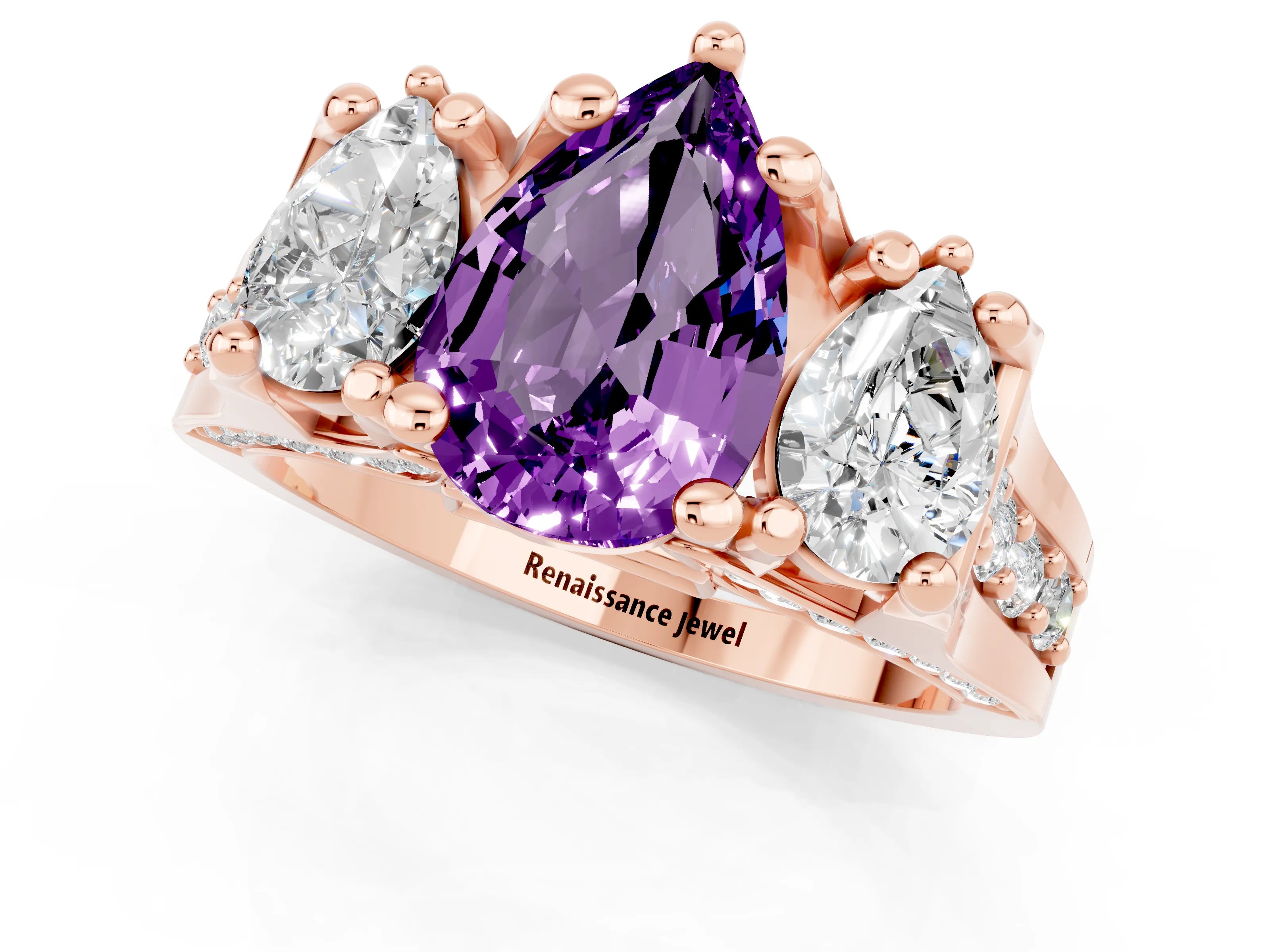 Rose gold Pear Cut Amethyst Three-Stone Ring with Channel Set Band and Four-Prong Setting_1