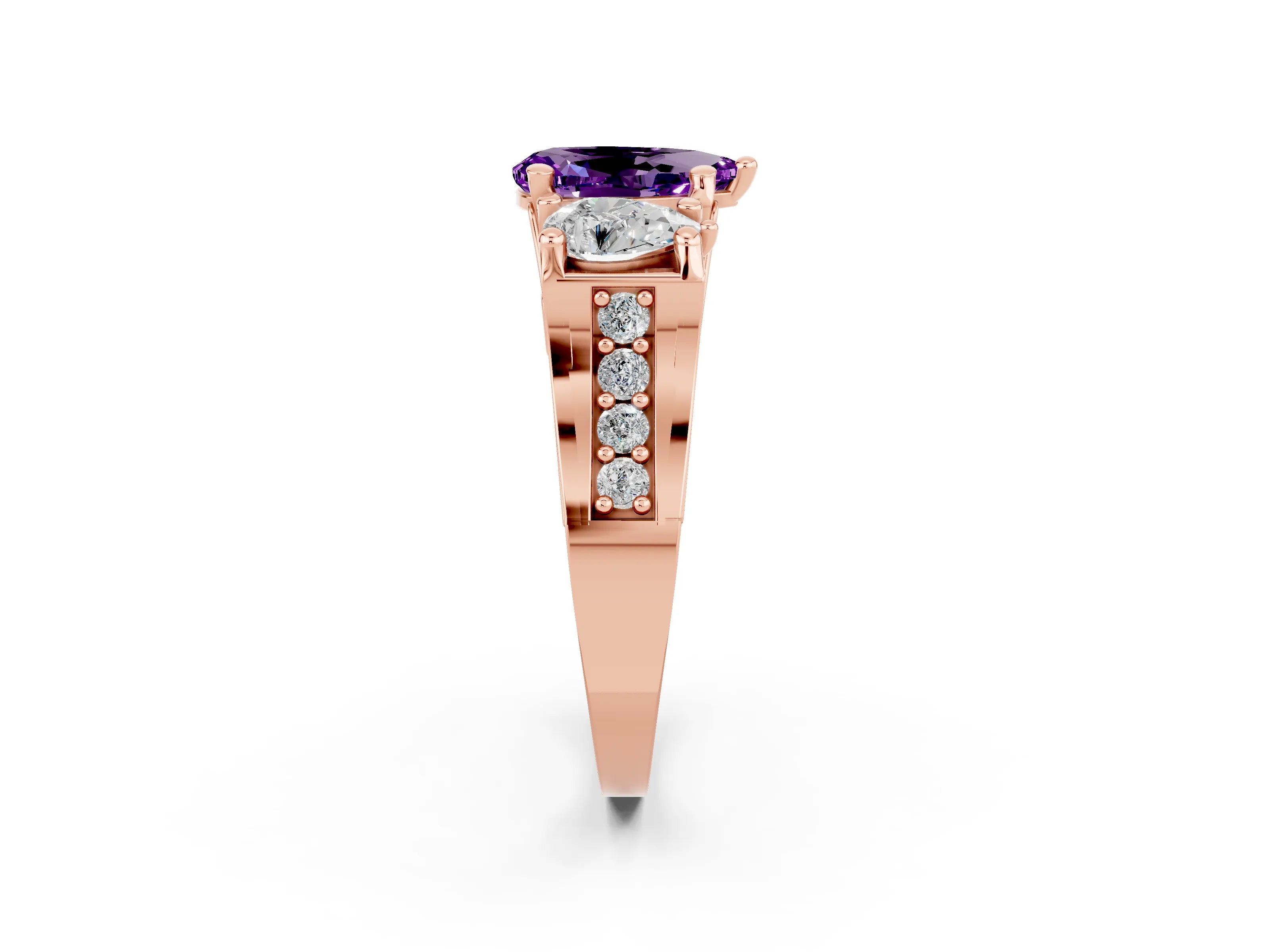 Rose gold Pear Cut Amethyst Three-Stone Ring with Channel Set Band and Four-Prong Setting_2