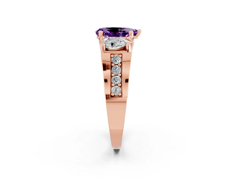 Rose gold Pear Cut Amethyst Three-Stone Ring with Channel Set Band and Four-Prong Setting_2