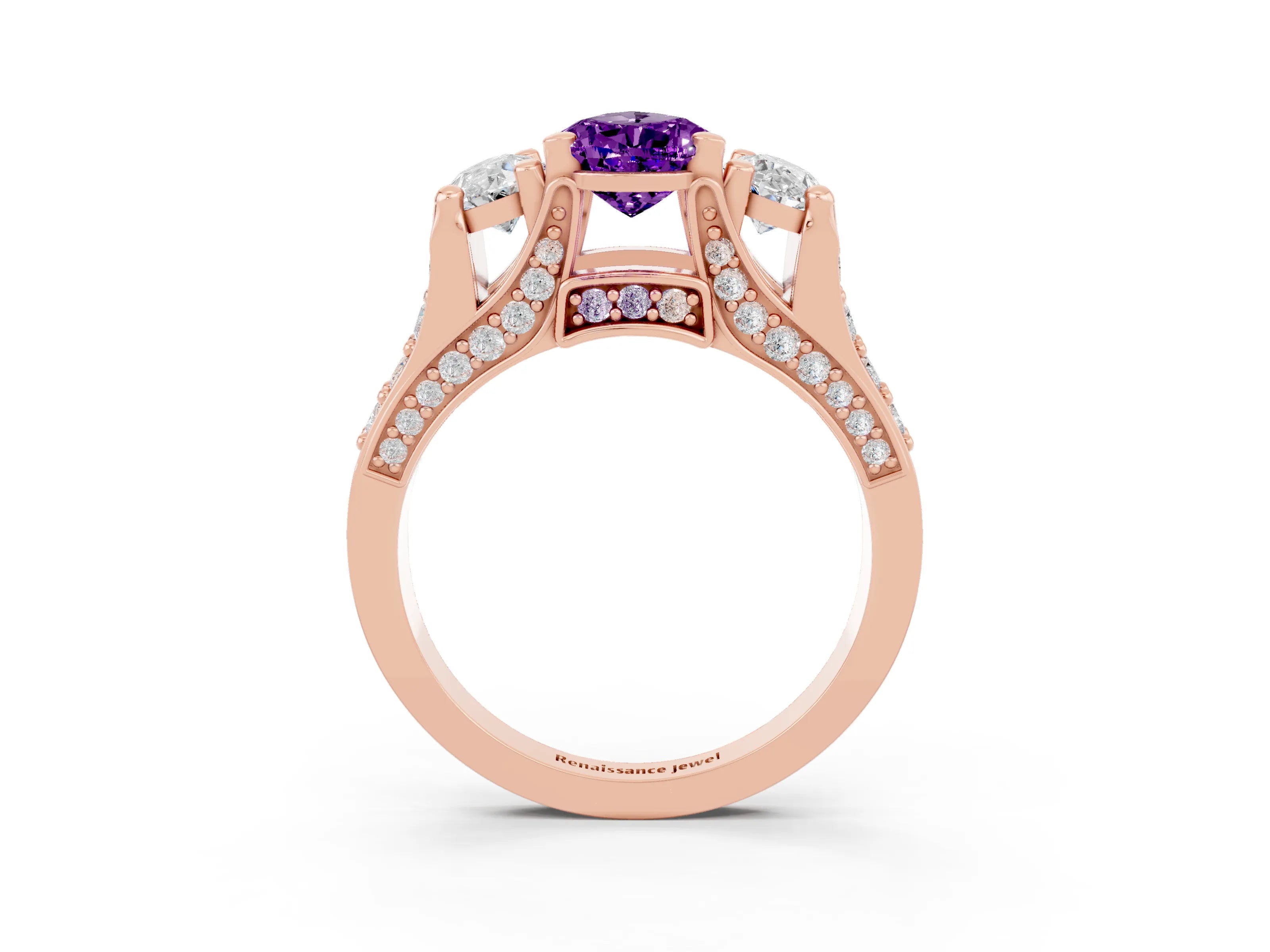 Rose gold Pear Cut Amethyst Three-Stone Ring with Channel Set Band and Four-Prong Setting_3