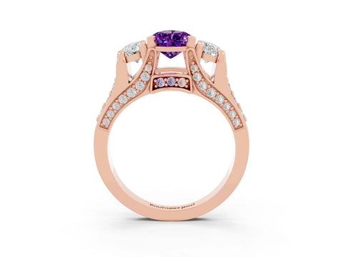 Rose gold Pear Cut Amethyst Three-Stone Ring with Channel Set Band and Four-Prong Setting_3