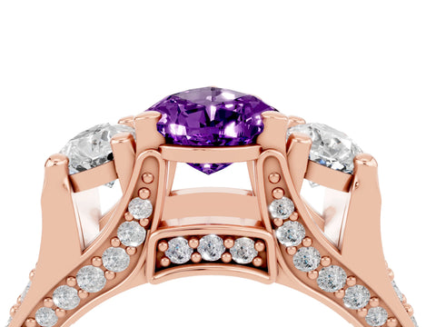 Rose gold Pear Cut Amethyst Three-Stone Ring with Channel Set Band and Four-Prong Setting_4