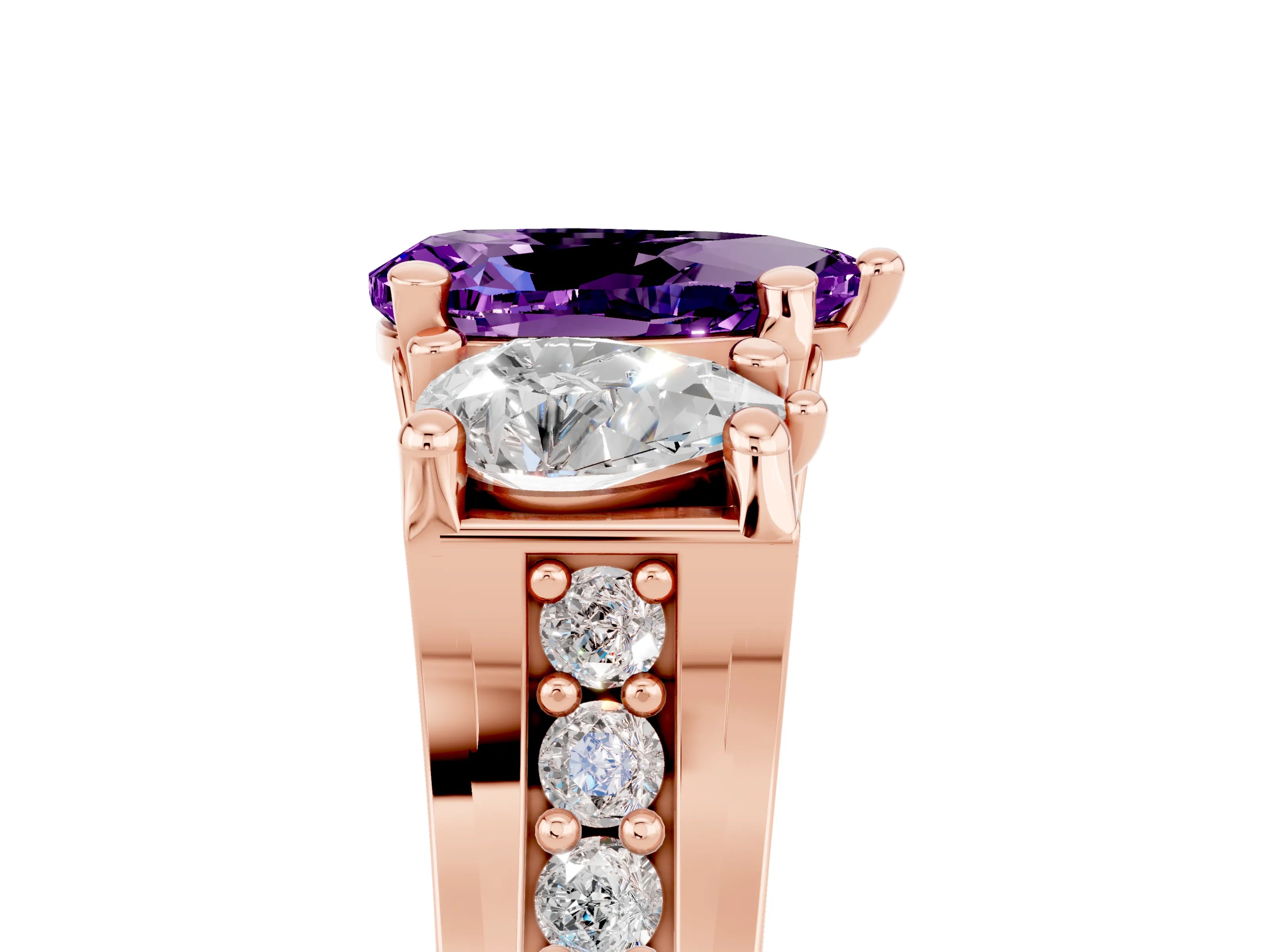 Rose gold Pear Cut Amethyst Three-Stone Ring with Channel Set Band and Four-Prong Setting_5
