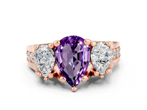 Rose gold Pear Cut Amethyst Three-Stone Ring with Channel Set Band and Four-Prong Setting