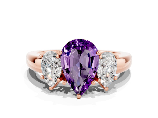 Rose gold Pear Cut Amethyst Three-Stone Ring with Four-Prong Setting and Classic Band