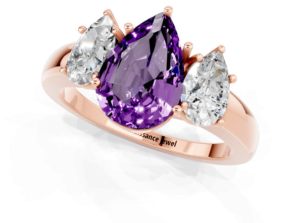 Rose gold Pear Cut Amethyst Three-Stone Ring with Four-Prong Setting and Classic Band