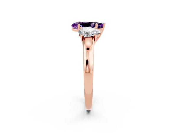 Rose gold Pear Cut Amethyst Three-Stone Ring with Four-Prong Setting and Classic Band