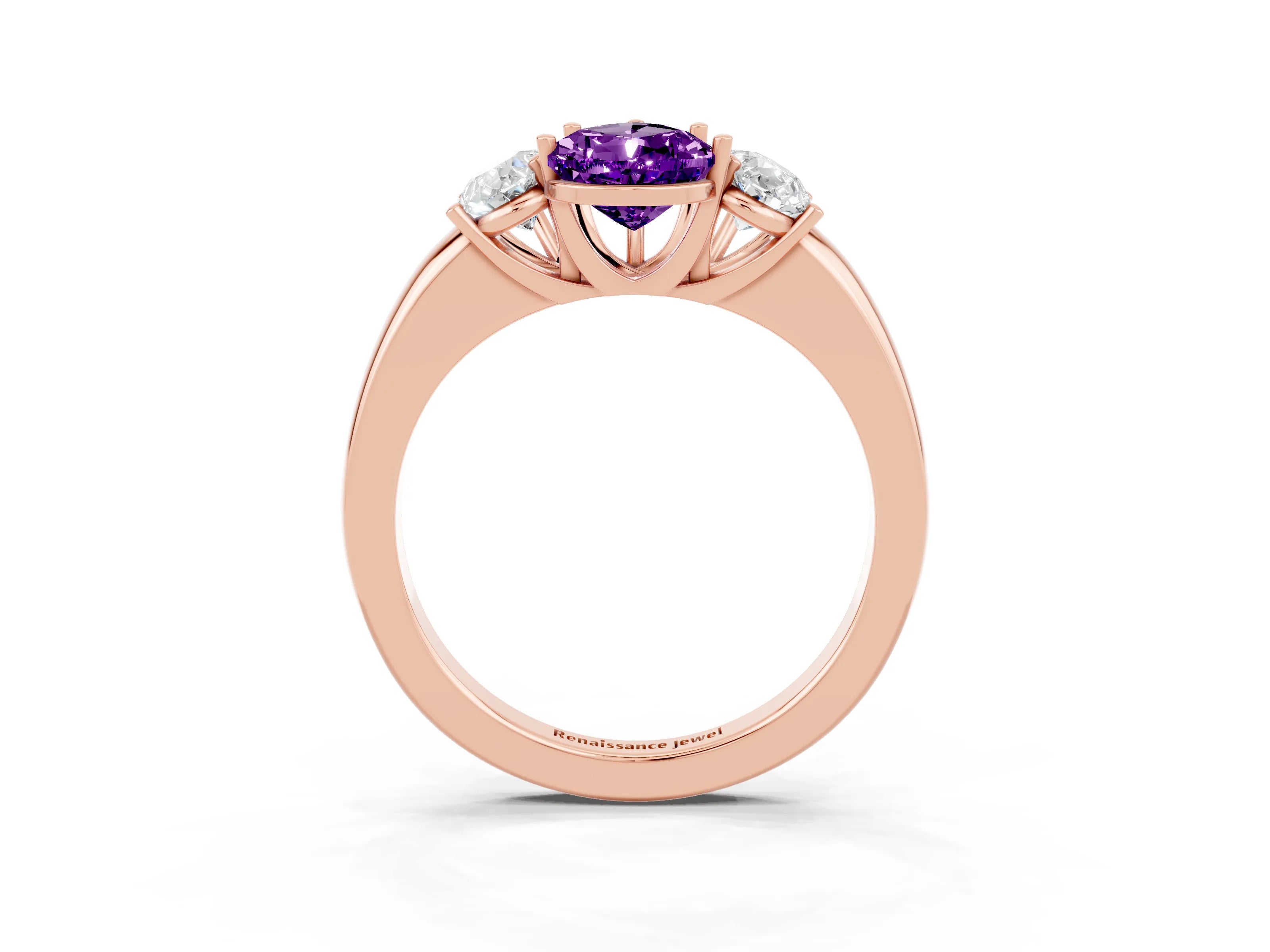 Rose gold Pear Cut Amethyst Three-Stone Ring with Four-Prong Setting and Classic Band_3