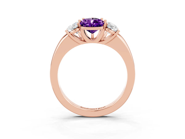 Rose gold Pear Cut Amethyst Three-Stone Ring with Four-Prong Setting and Classic Band