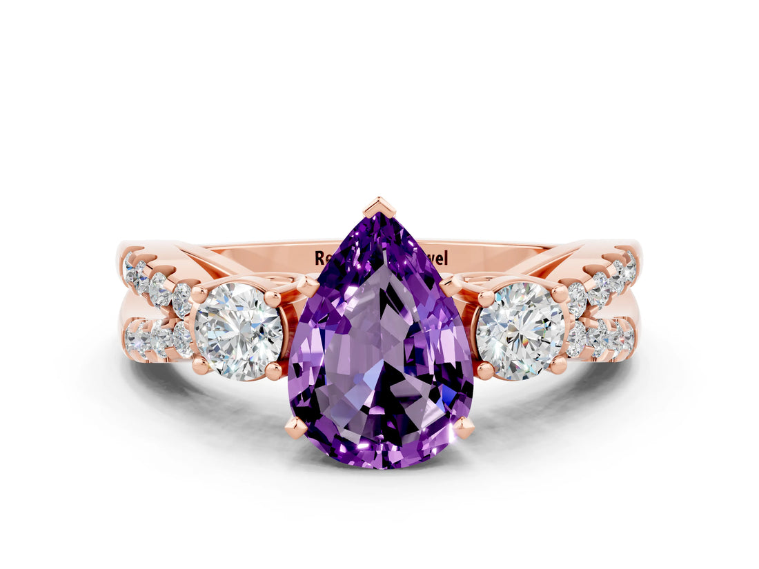 Rose gold Pear Cut Amethyst Three-Stone Ring with Pavé Split Shank and Four-Prong Setting_12