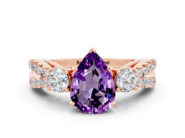 Rose gold Pear Cut Amethyst Three-Stone Ring with Pavé Split Shank and Four-Prong Setting