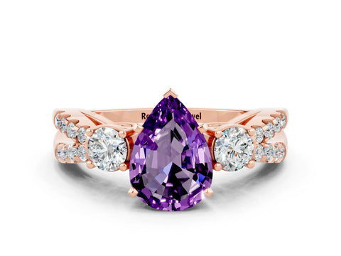 Rose gold Pear Cut Amethyst Three-Stone Ring with Pavé Split Shank and Four-Prong Setting_12