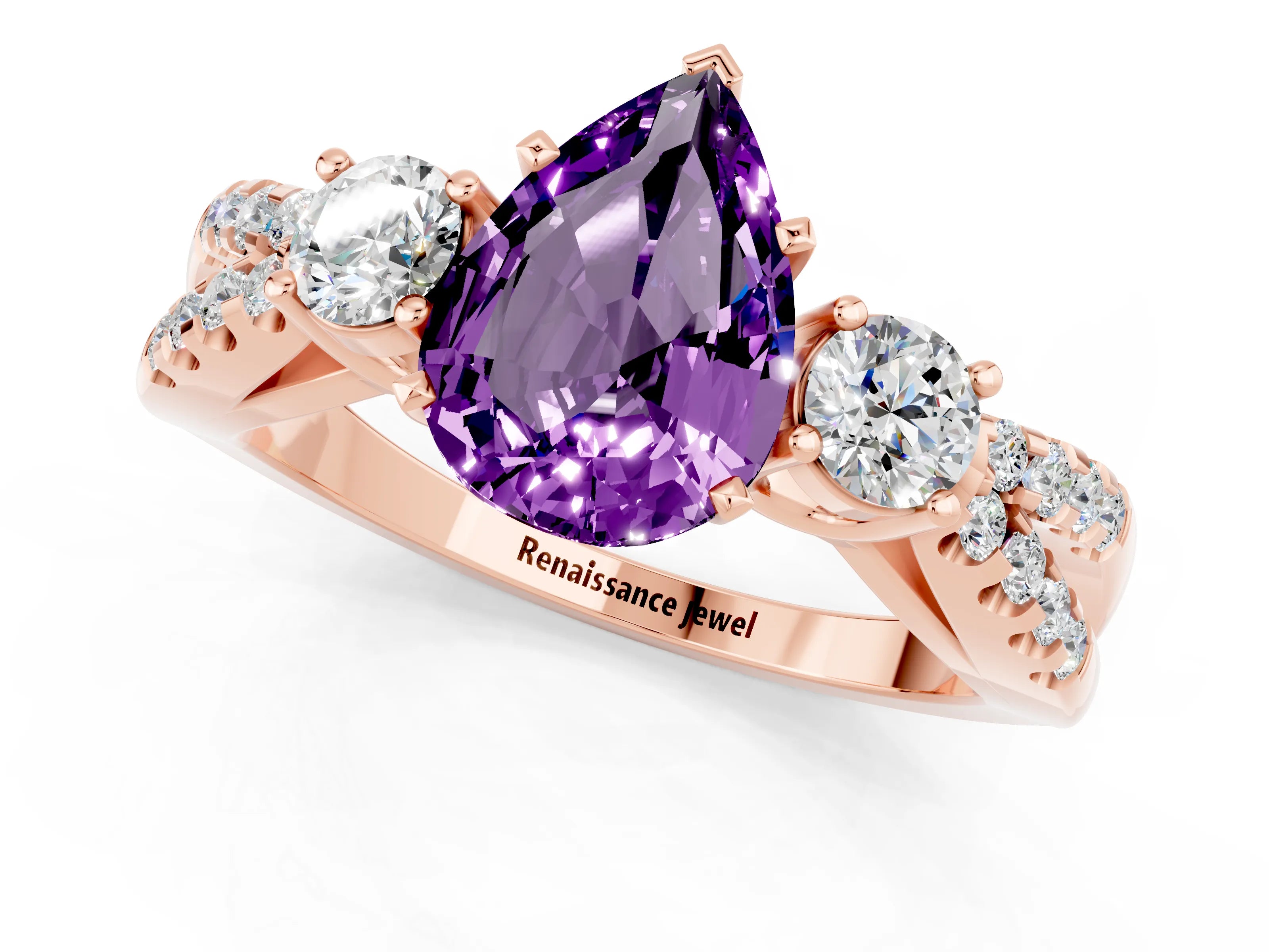Rose gold Pear Cut Amethyst Three-Stone Ring with Pavé Split Shank and Four-Prong Setting_13