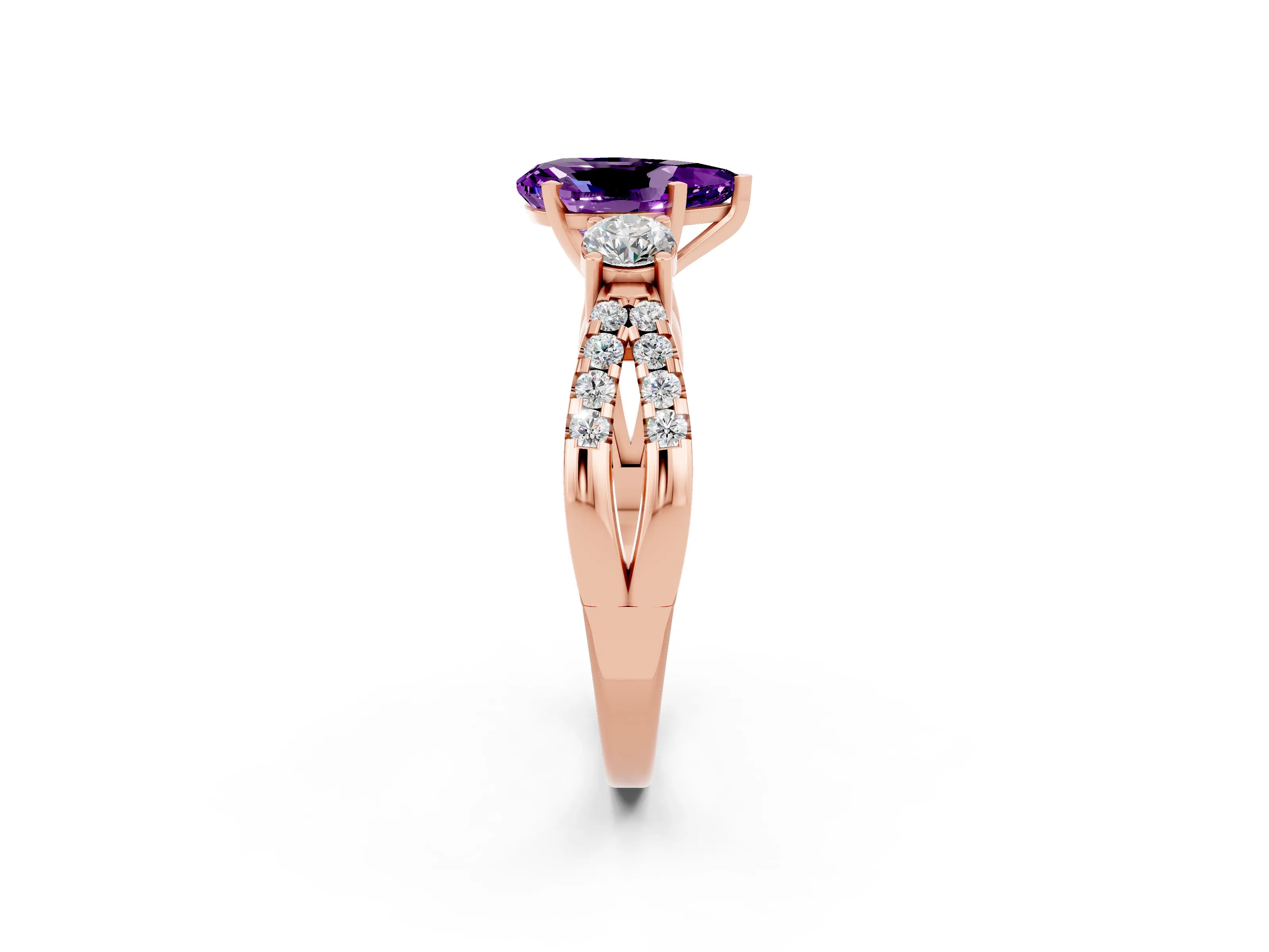 Rose gold Pear Cut Amethyst Three-Stone Ring with Pavé Split Shank and Four-Prong Setting_14