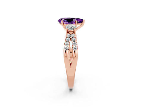 Rose gold Pear Cut Amethyst Three-Stone Ring with Pavé Split Shank and Four-Prong Setting_14