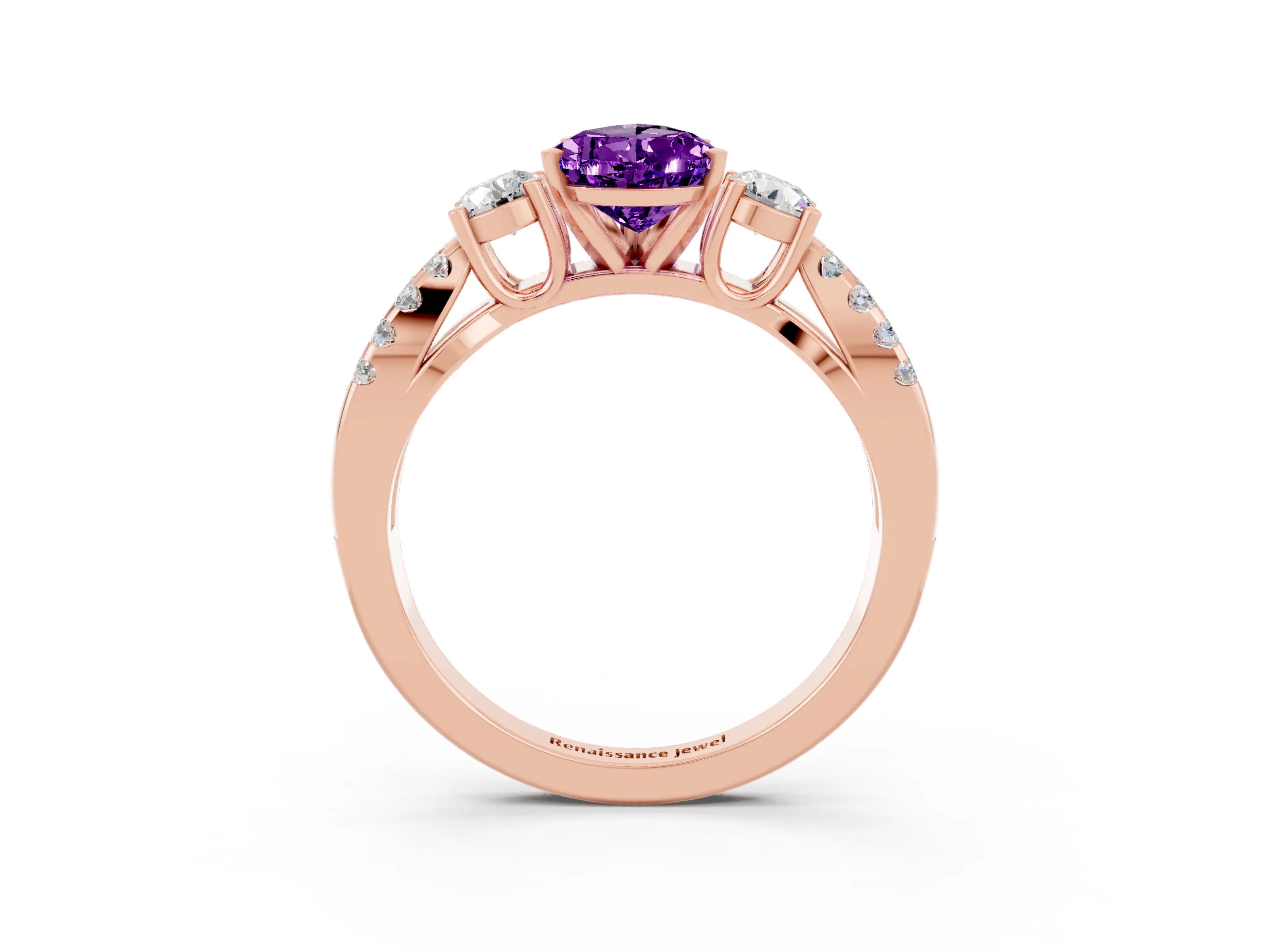 Rose gold Pear Cut Amethyst Three-Stone Ring with Pavé Split Shank and Four-Prong Setting_15