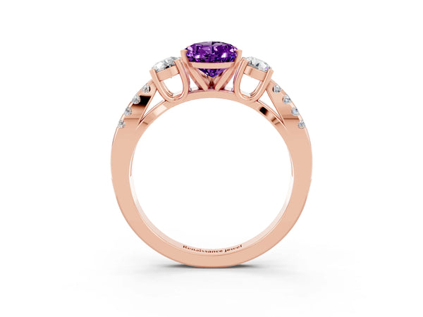 Rose gold Pear Cut Amethyst Three-Stone Ring with Pavé Split Shank and Four-Prong Setting
