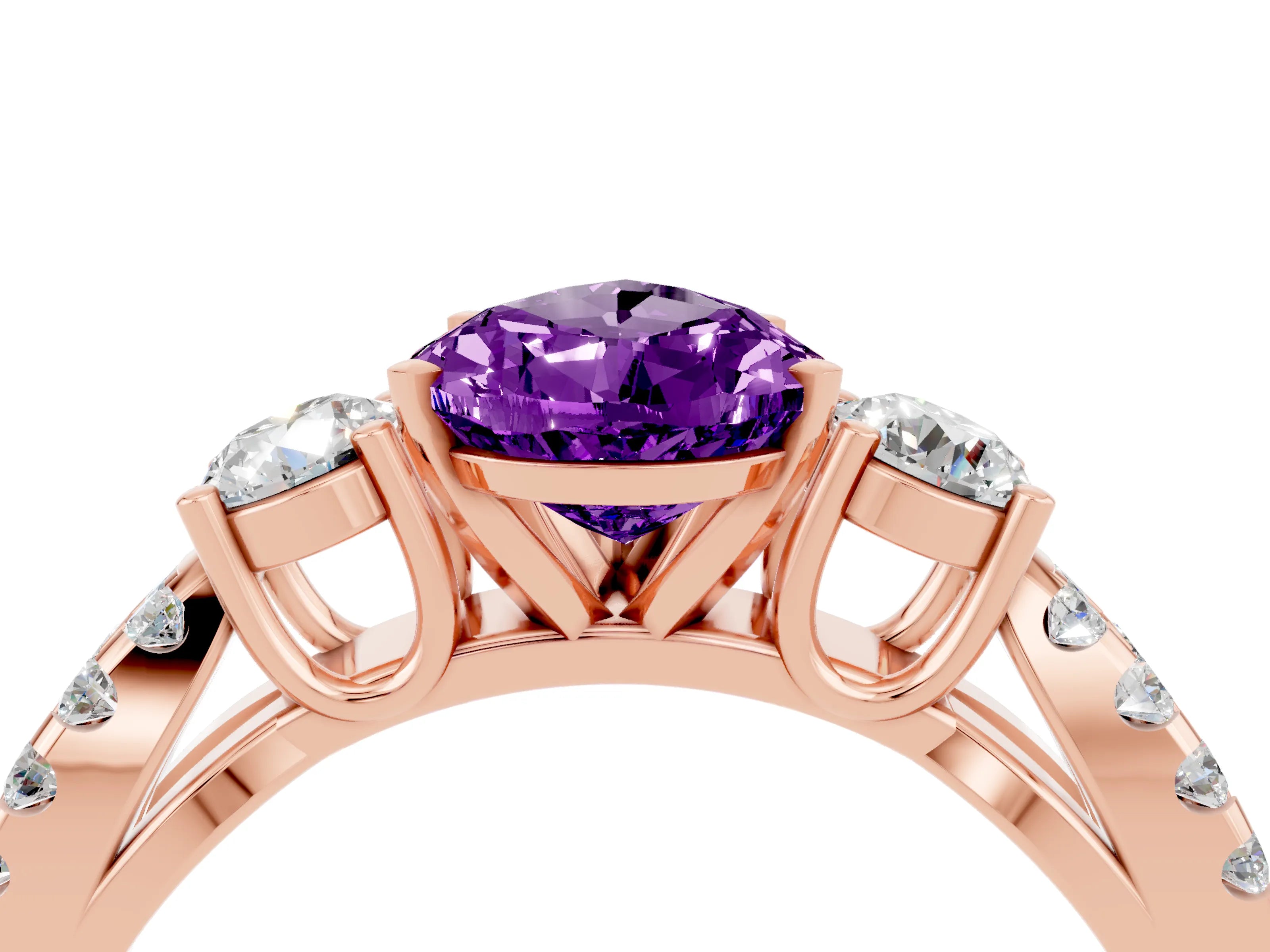 Rose gold Pear Cut Amethyst Three-Stone Ring with Pavé Split Shank and Four-Prong Setting_16