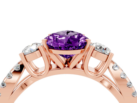 Rose gold Pear Cut Amethyst Three-Stone Ring with Pavé Split Shank and Four-Prong Setting_16