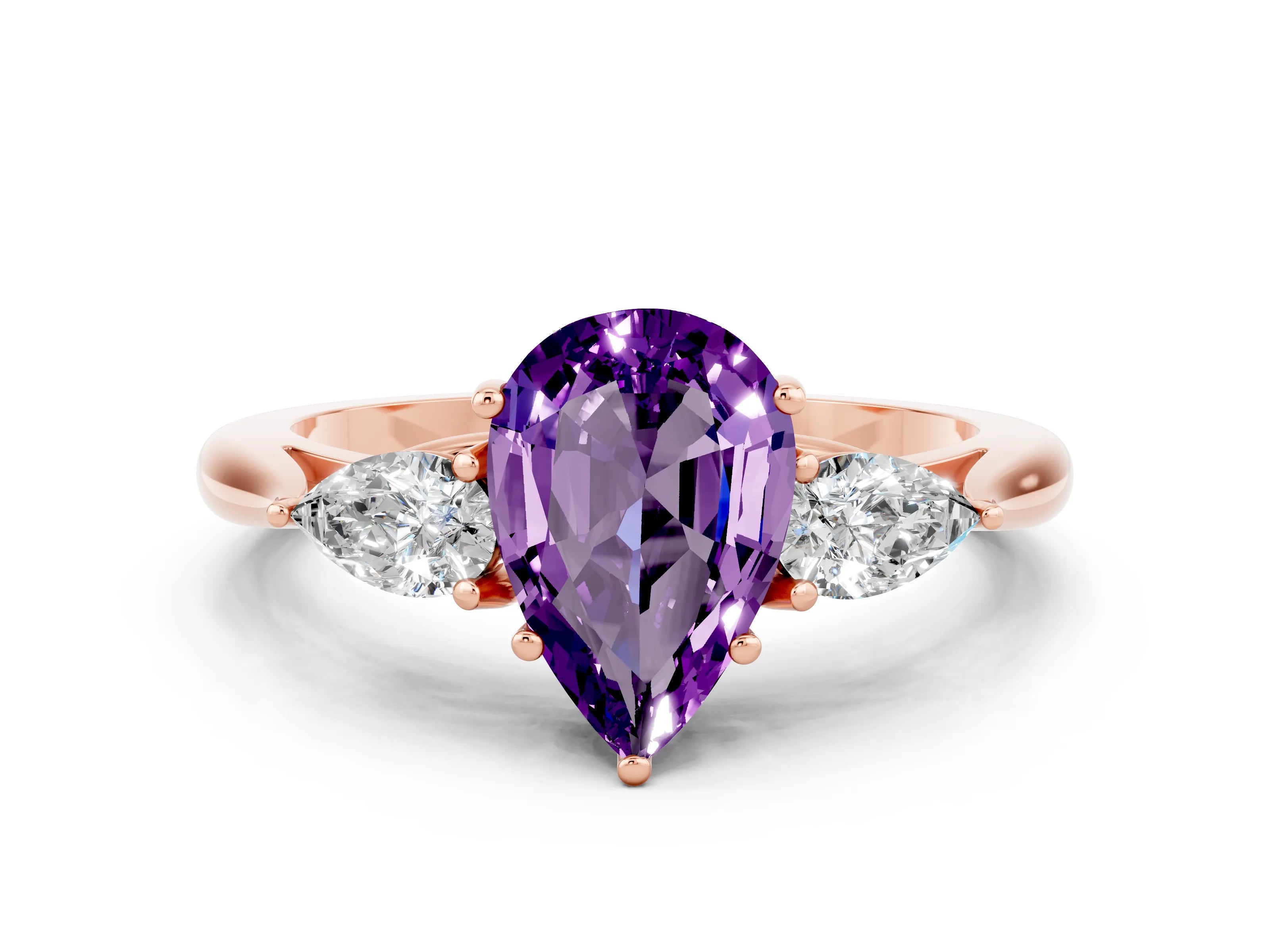 Rose gold Pear Cut Amethyst Three-Stone Ring with Pear Side Stones and Four-Prong Setting_12