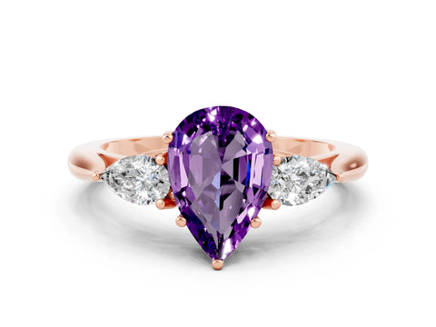 Rose gold Pear Cut Amethyst Three-Stone Ring with Pear Side Stones and Four-Prong Setting_12