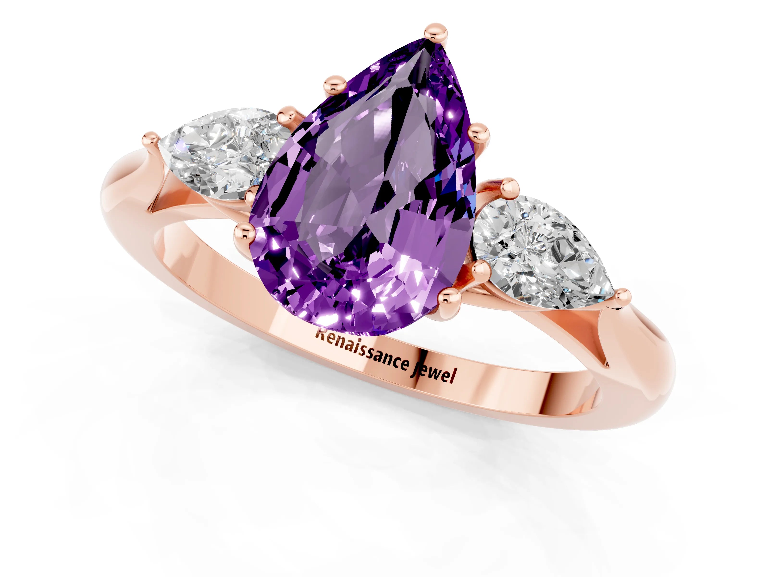 Rose gold Pear Cut Amethyst Three-Stone Ring with Pear Side Stones and Four-Prong Setting_13