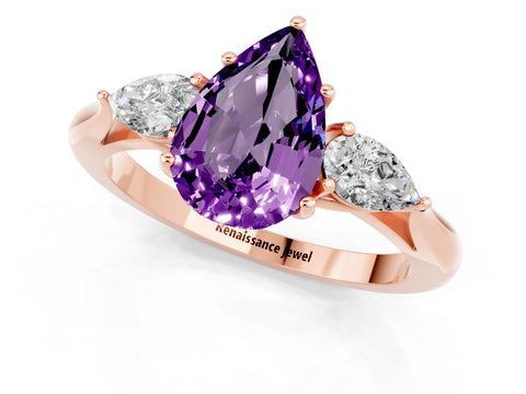 Rose gold Pear Cut Amethyst Three-Stone Ring with Pear Side Stones and Four-Prong Setting_13