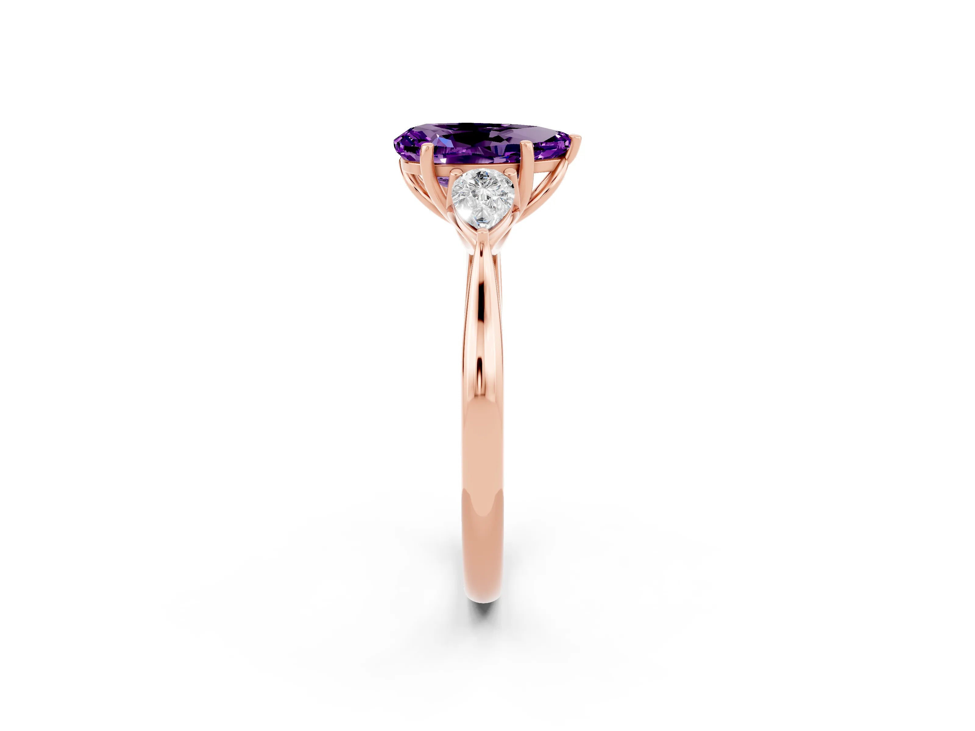 Rose gold Pear Cut Amethyst Three-Stone Ring with Pear Side Stones and Four-Prong Setting_14